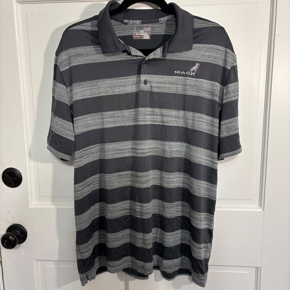 Under Armour Mack Truck Polo Shirt Mens XL Grey Black Striped HeatGear Loose Fit